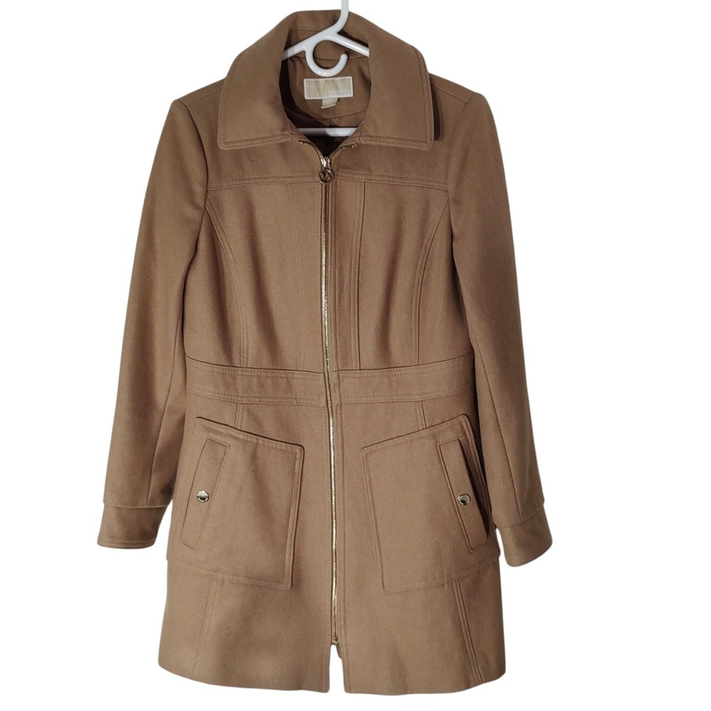 Michael Michael Kors Wool Blend Coat Mid Thigh Full Zip Pockets Womens Small SEE